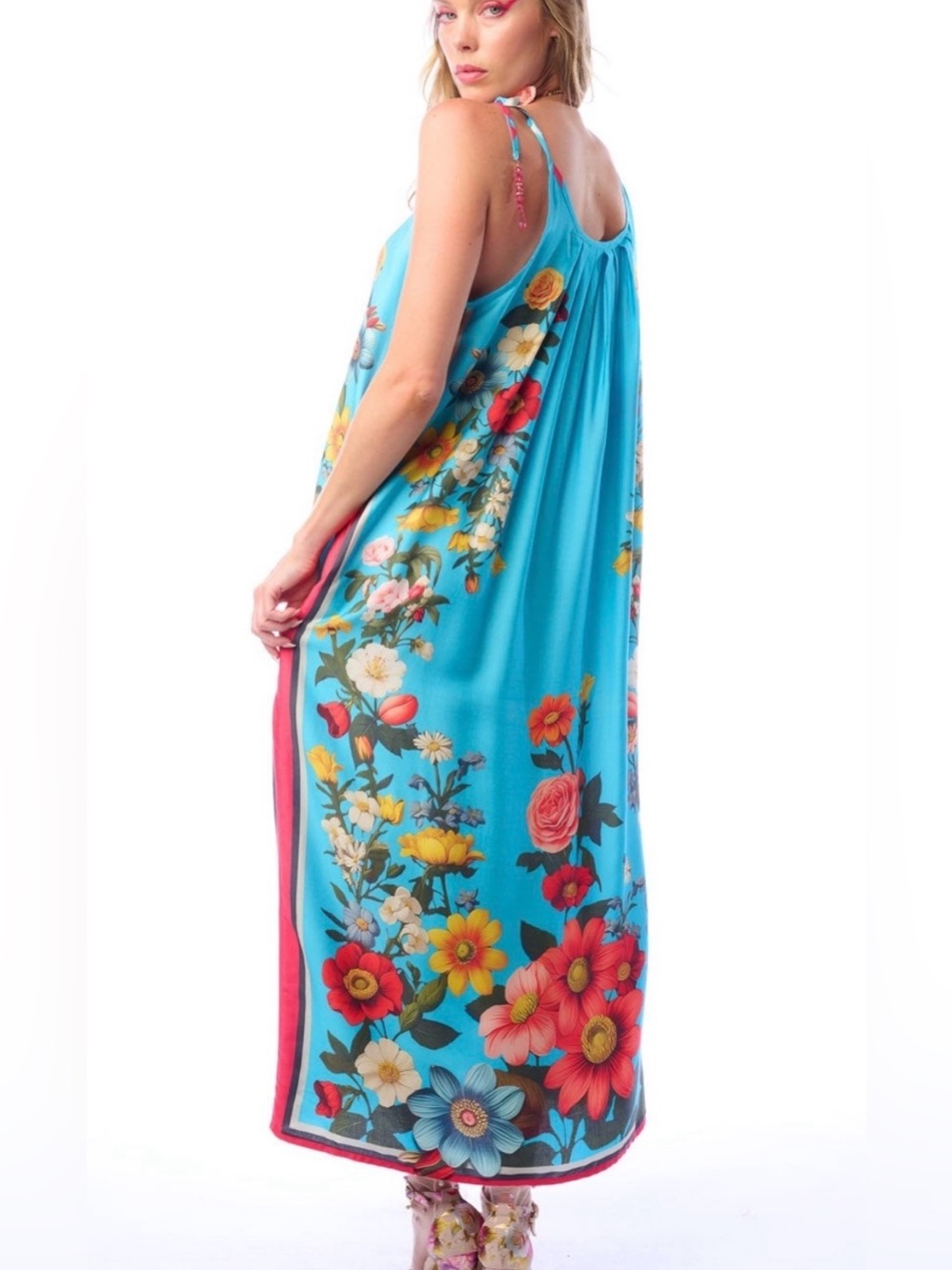 Aratta Silent Journey Turquoise Floral Garden Boho Maxi Dress NWOT